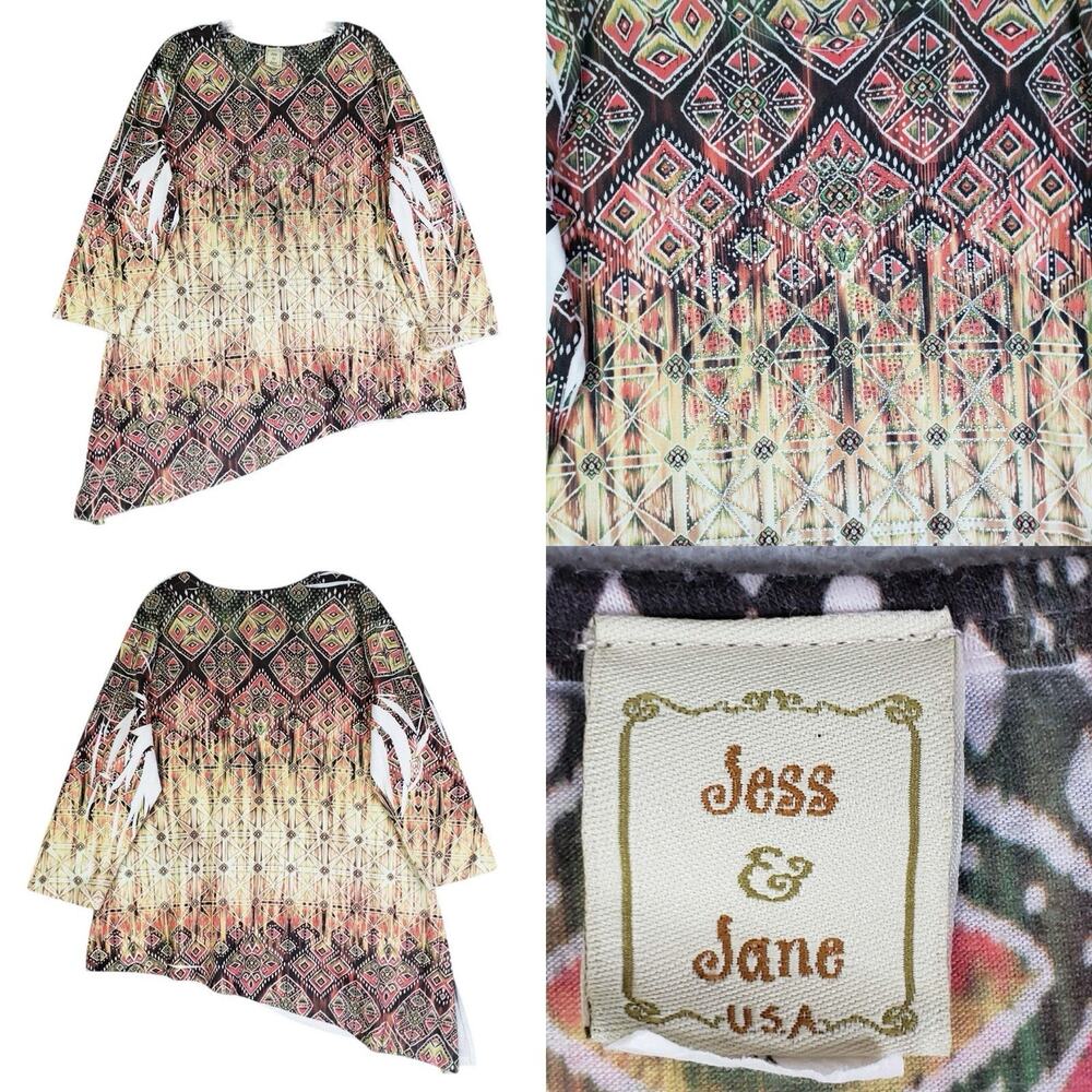 Jess & Jane Shirt Women’s Plus Size 1X Top Multicolor LS Geometric Boho
